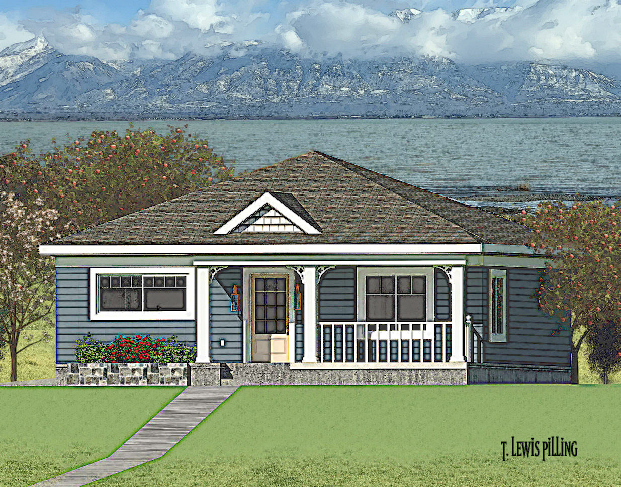 ADU House plan exterior, design by Authentic Homes in Utah. Cottage styling with siding and stone. Wood gingerbred and porch.