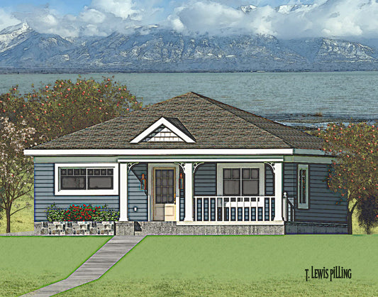 ADU House plan exterior, design by Authentic Homes in Utah. Cottage styling with siding and stone. Wood gingerbred and porch.
