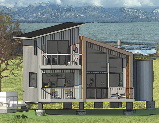 ADU House plan exterior, design by Authentic Homes in Utah.  European styling with board & batten. Wall of angled windows, balcony.