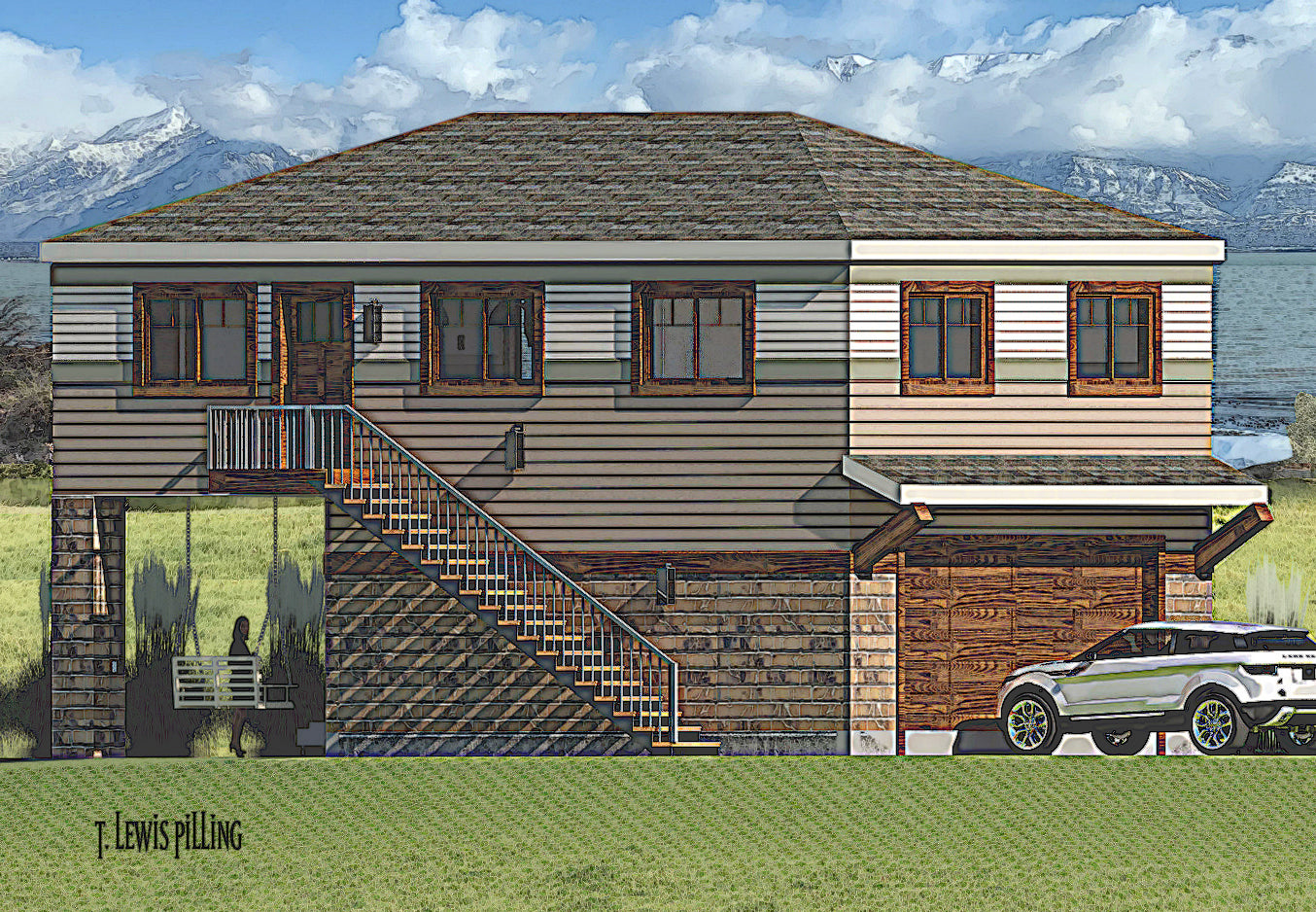 House plan exterior designed by Authentic Homes in Utah. Features Prairie styling with siding, timbers and brick. Double garage and covered patio.