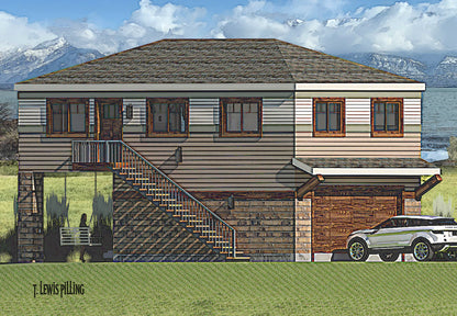 House plan exterior designed by Authentic Homes in Utah. Features Prairie styling with siding, timbers and brick. Double garage and covered patio.