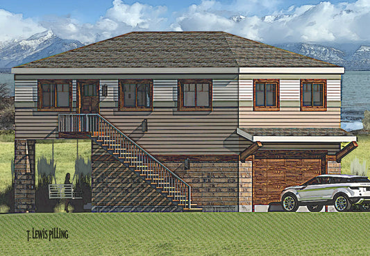 House plan exterior designed by Authentic Homes in Utah. Features Prairie styling with siding, timbers and brick. Double garage and covered patio.