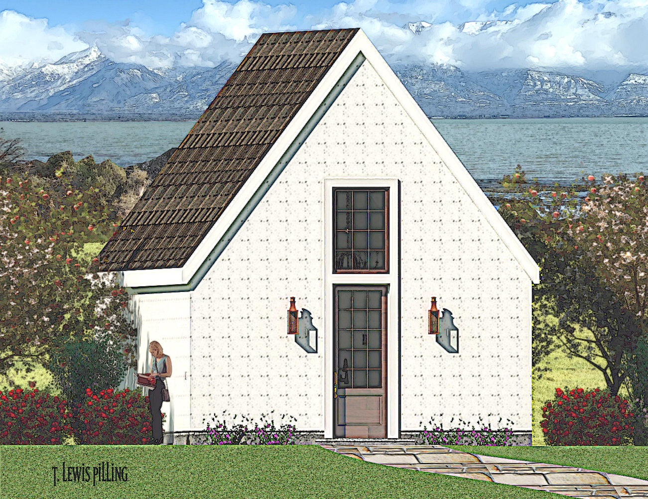 House plan exterior designed by Authentic Homes in Utah. Features Irish vernacular styling with stucco.