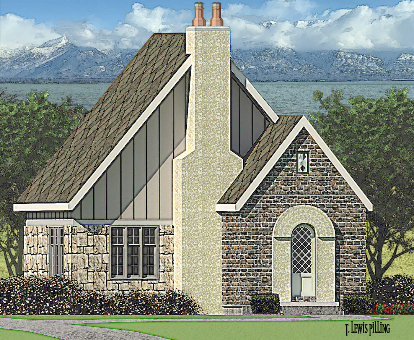 ADU House plan exterior designed by Authentic Homes in Utah. Features european cottage styling with stucco and stone. Arched door and fireplace.