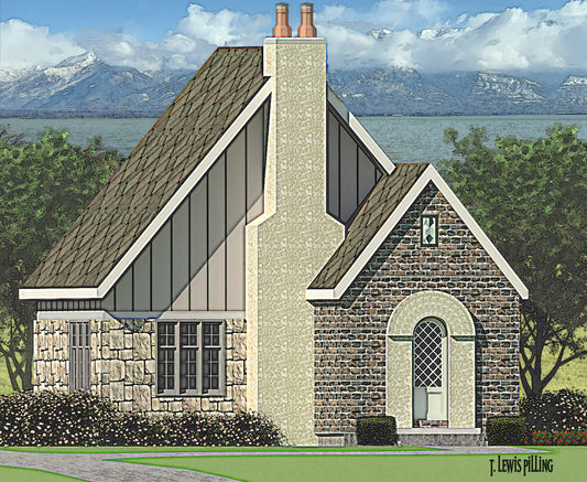 ADU House plan exterior designed by Authentic Homes in Utah. Features european cottage styling with stucco and stone. Arched door and fireplace.