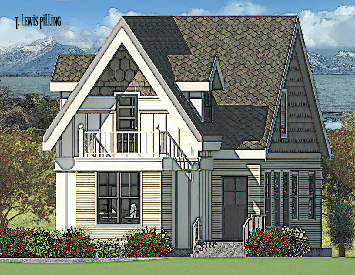 House plan exterior designed by Authentic Homes in Utah. Features victorian styling with shake siding and balcony. Dual dormers.
