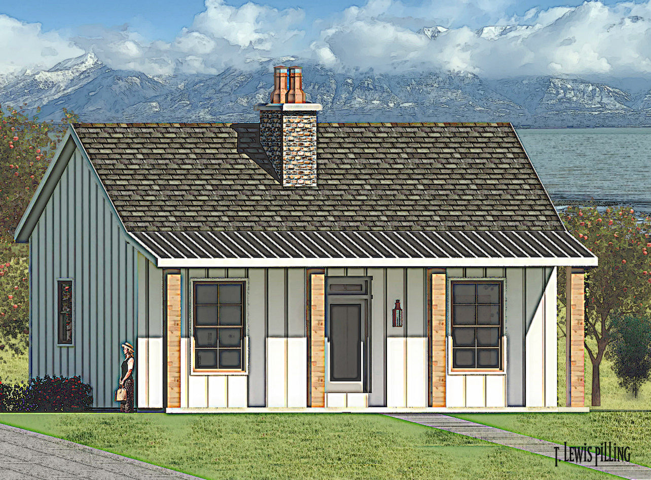 House plan exterior designed by Authentic Homes in Utah. Features farmhouse styling with siding and large porch pati. Includes fireplace.