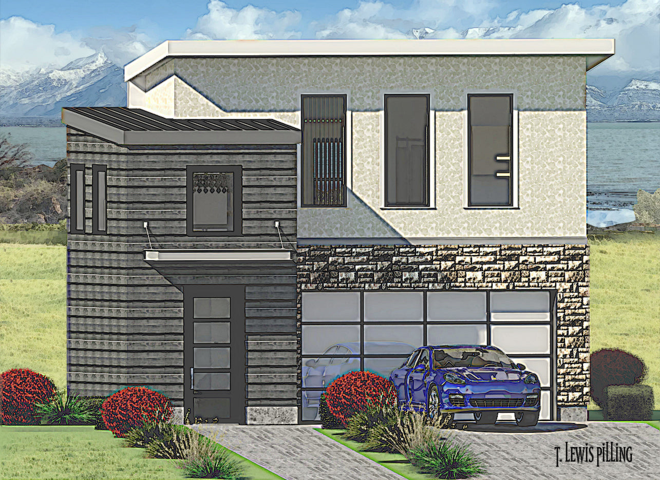 House plan exterior designed by Authentic Homes in Utah. Features modern styling with stucco, grey wood siding and stone. Two car garage and metal awning.