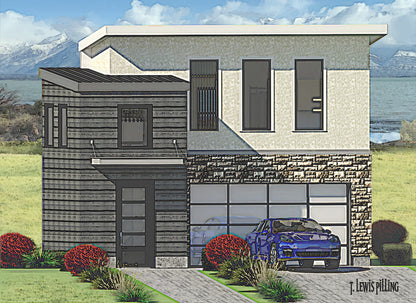 House plan exterior designed by Authentic Homes in Utah. Features modern styling with stucco, grey wood siding and stone. Two car garage and metal awning.