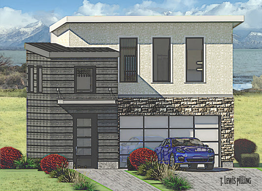 House plan exterior designed by Authentic Homes in Utah. Features modern styling with stucco, grey wood siding and stone. Two car garage and metal awning.
