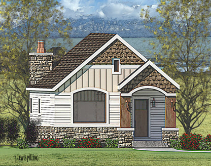 House plan exterior designed by Authentic Homes in Utah. Features craftsman styling with siding and stone. Arched window, fireplace and covered entry.