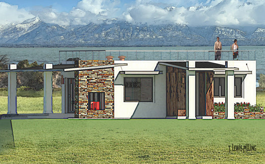 ADU plan exterior designed by Authentic Homes in Utah. Features modern styling with stucco and stone. Walkable roof and large covered patio.