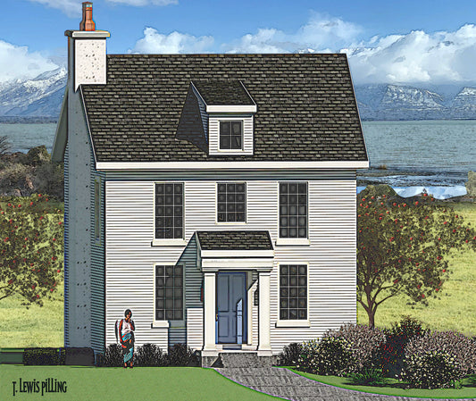 House plan exterior designed by Authentic Homes in Utah. Features colonial styling with stucco and siding. Fireplace, covered entry, and dormer.