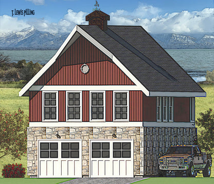 House plan exterior designed by Authentic Homes in Utah. Features farmhouse barn styling with red board and batten siding and stone. Two garage bays.