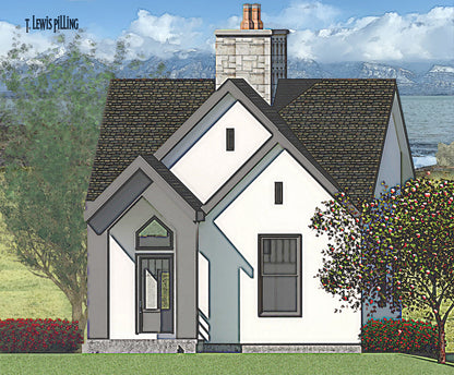 House plan exterior designed by Authentic Homes in Utah. Features modern cottage styling with stucco and fireplace.