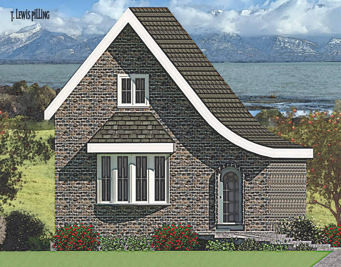 House plan exterior designed by Authentic Homes in Utah. Features cottage styling with stucco and weathered brick. Arched door, bay window and sloped roof.