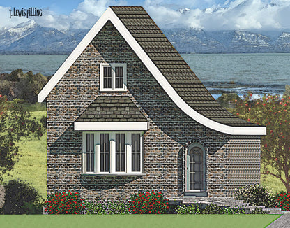 House plan exterior designed by Authentic Homes in Utah. Features cottage styling with stucco and weathered brick. Arched door, bay window and sloped roof.
