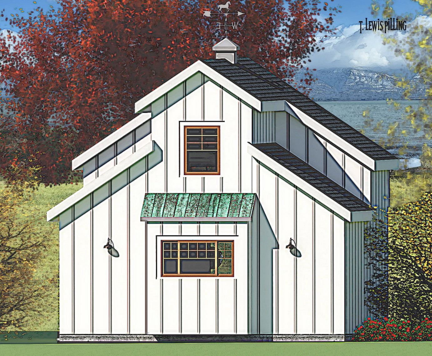 ADU House plan exterior designed by Authentic Homes in Utah. Features farmhouse barn styling with siding and rustic metal roofs and barn lights.