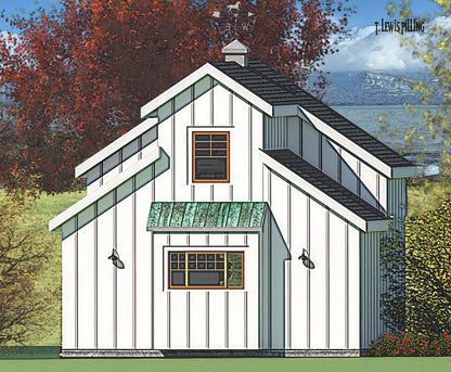 ADU House plan exterior designed by Authentic Homes in Utah. Features farmhouse barn styling with siding and rustic metal roofs and barn lights.