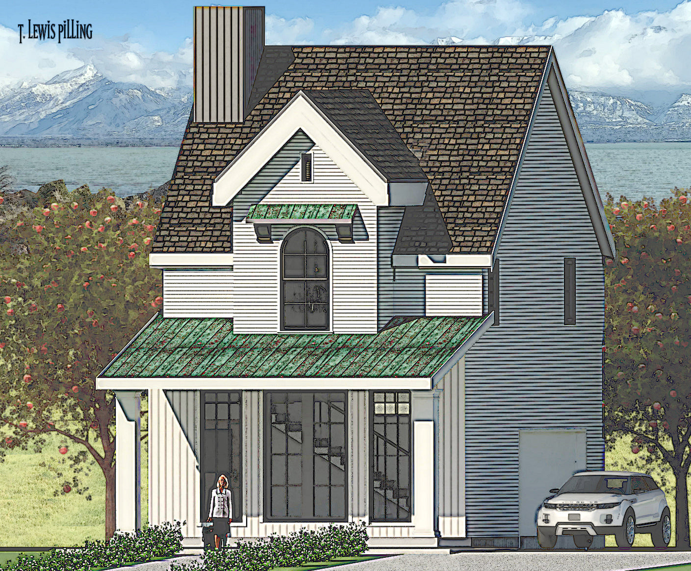 ADU House plan exterior designed by Authentic Homes in Utah. Features european styling with siding, covered entry, and dormer with arched window. Hidden garage.