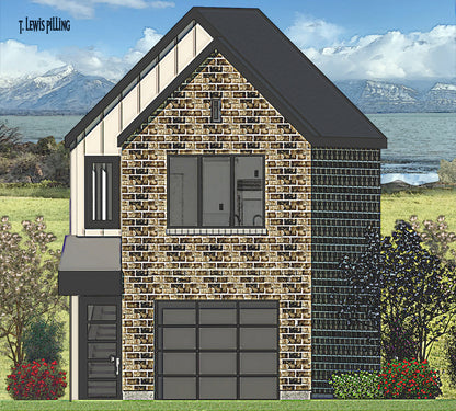 ADU House plan exterior designed by Authentic Homes in Utah. Features modern styling with siding and textured brick.