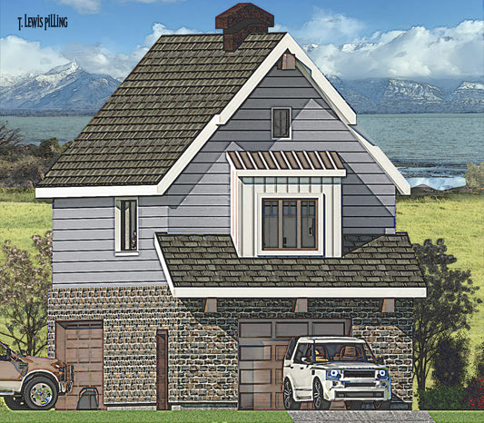 House plan exterior designed by Authentic Homes in Utah. Features cottage styling with blue grey siding and weathered brick.