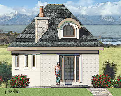 House plan exterior designed by Authentic Homes in Utah. Features french styling with stucco. Arched window and fireplace.