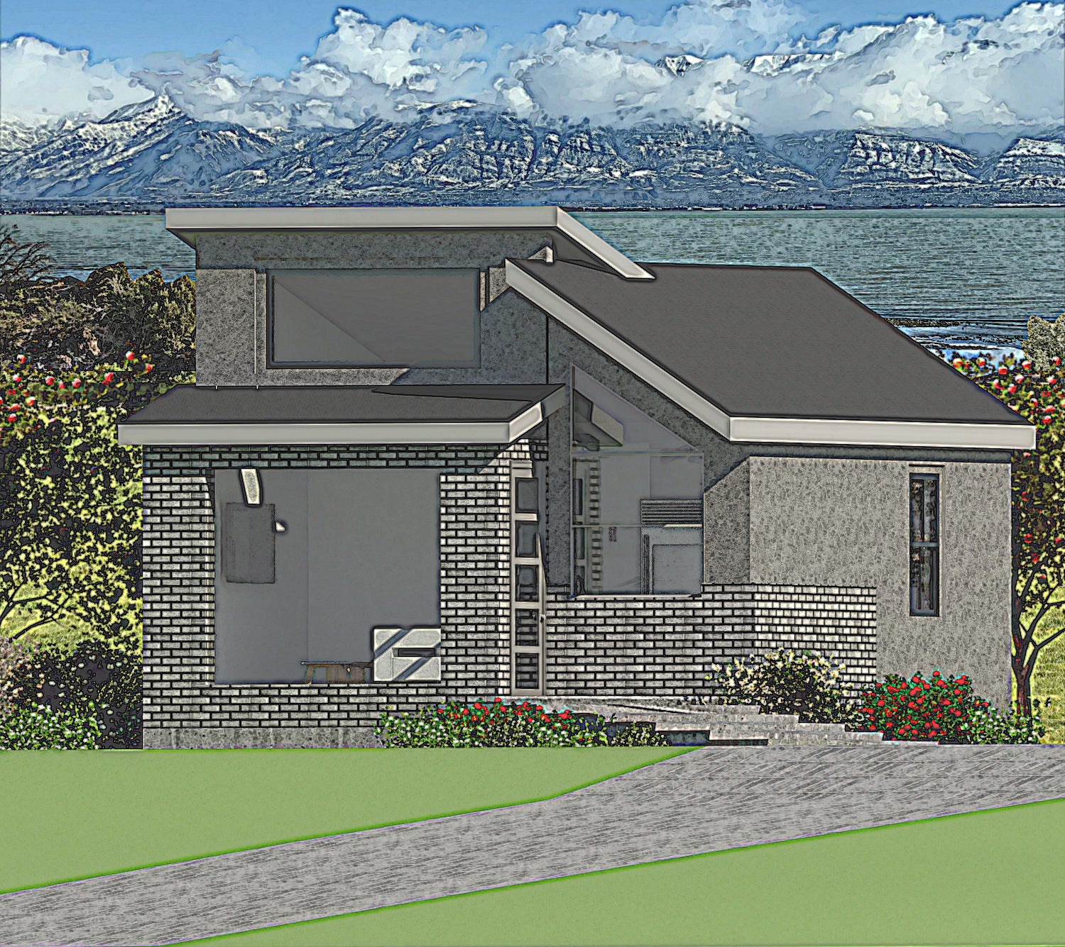ADU House plan exterior designed by Authentic Homes in Utah. Features modern styling with stucco and grey brick.