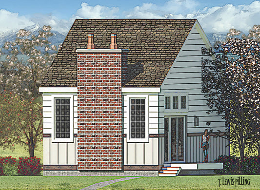 ADU house plan exterior designed by Authentic Homes in Utah. Features european styling with siding, red brick fireplace.