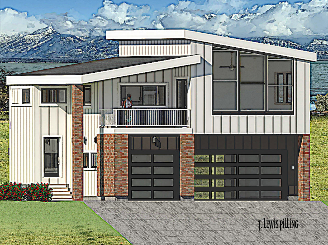 ADU House plan exterior designed by Authentic Homes in Utah. Features modern styling with whte siding and red brick.
