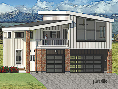 ADU House plan exterior designed by Authentic Homes in Utah. Features modern styling with whte siding and red brick.