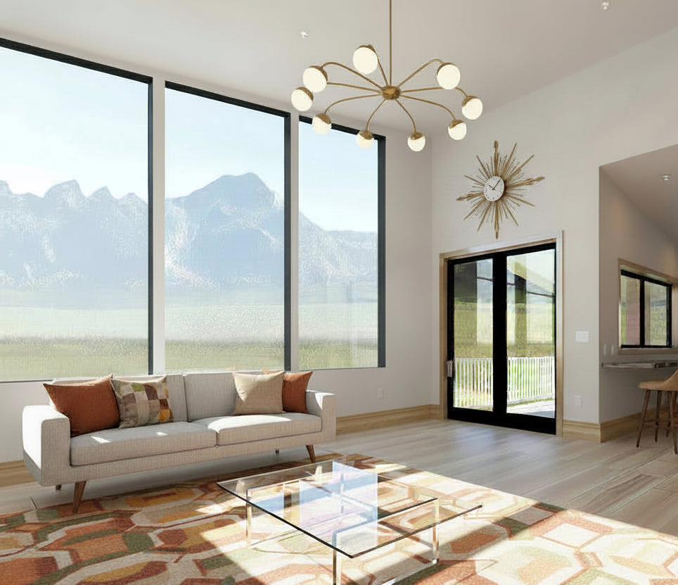 Modern ADU No.43 house plan interior with vaulted ceiling, large angled windows, and open-concept kitchen and living area by Authentic Homes.