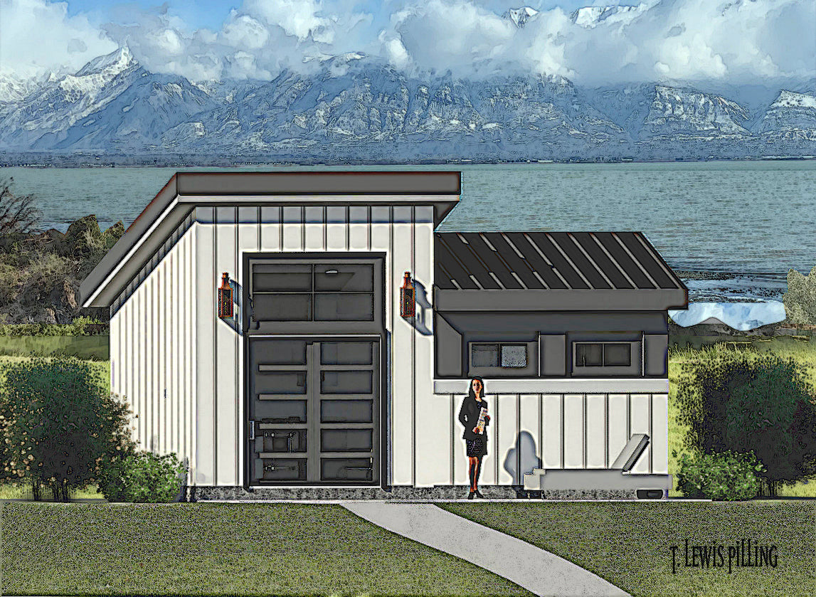ADU plan exterior, design by Authentic Homes in Utah. Modern styling with white siding, stucco.