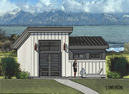 ADU plan exterior, design by Authentic Homes in Utah. Modern styling with white siding, stucco.