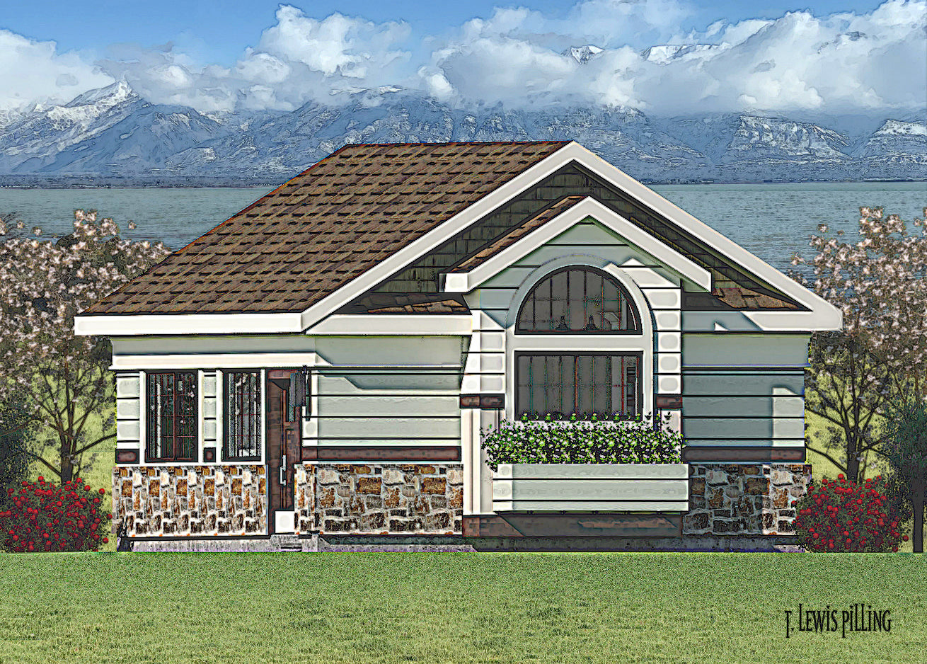 ADU plan exterior designed by Authentic Homes in Utah. Features craftsman styling with siding, shakes, arched window and stone.