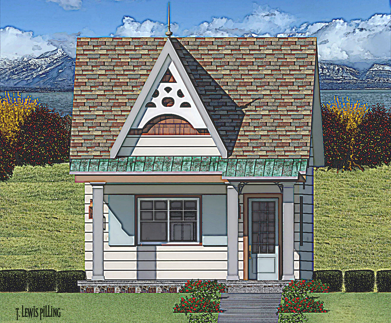 ADU plan exterior designed by Authentic Homes in Utah. Features Victorian styling with wood scrolling, steep gables and covered entry.