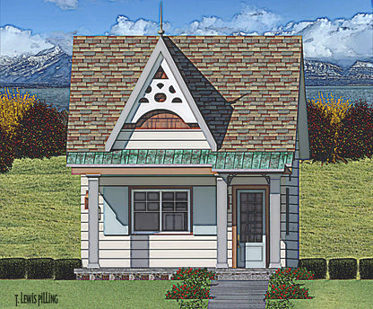 ADU plan exterior designed by Authentic Homes in Utah. Features Victorian styling with wood scrolling, steep gables and covered entry.