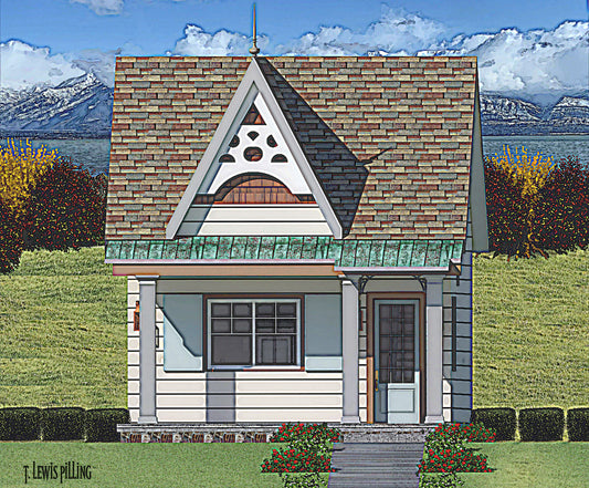 ADU plan exterior designed by Authentic Homes in Utah. Features Victorian styling with wood scrolling, steep gables and covered entry.