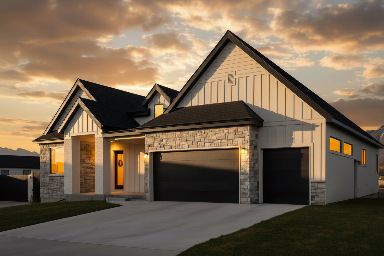 Two-story house with a garage under a blue sky