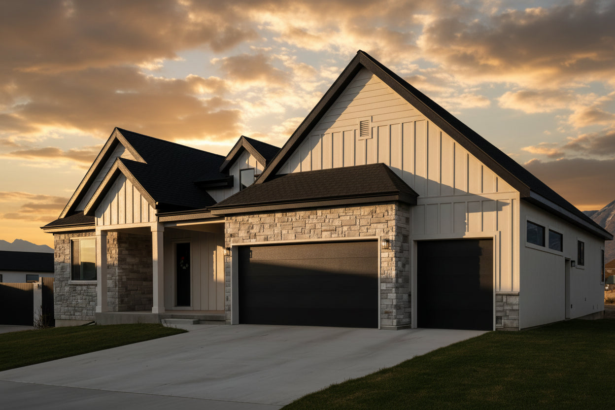 Two-story house with a garage under a blue sky