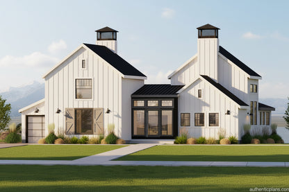Modern barn-style house with white vertical siding, black metal roof, large windows, and a central glass porch, set on a green lawn