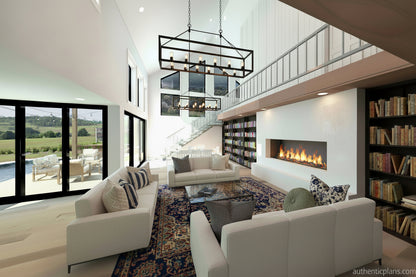 Dramatic, great room with staircase feature, library and high ceilings. Design by Authentic Homes in Utah.
