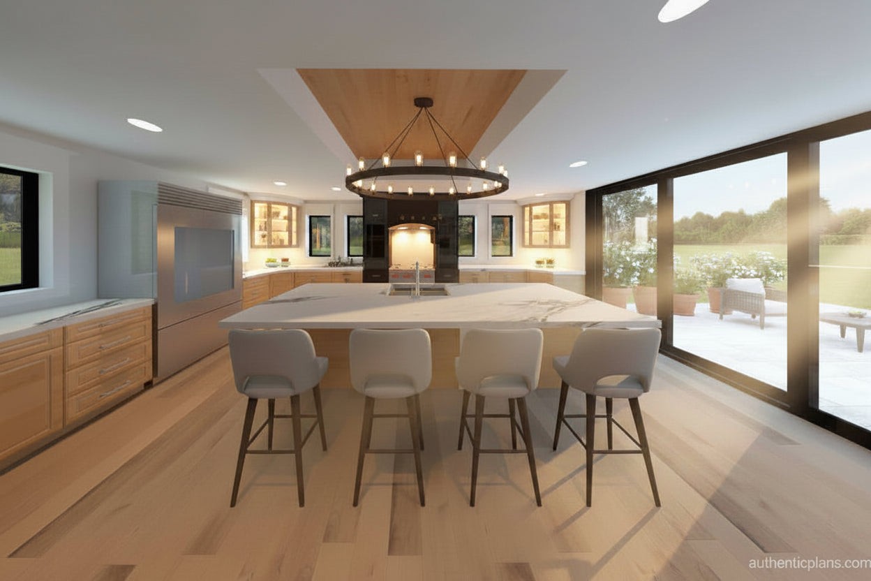 Modern kitchen with island and bar stools, featuring large windows and a neutral color palette. Design by Authentic Homes in Utah.
