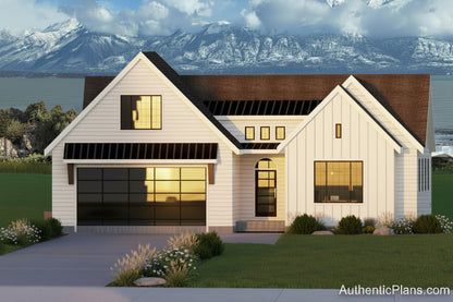 A 3D architectural rendering of a modern farmhouse-style house with white siding, dark garage doors, a brown shingled roof, and a raised foundation, set against a backdrop of a lake, mountains, and blue sky.