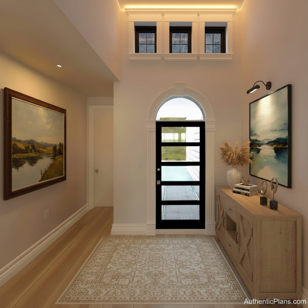 A modern black entryway door with multiple glass panes set within a tall white wall, featuring an arched window above and a light wood floor in a spacious room.