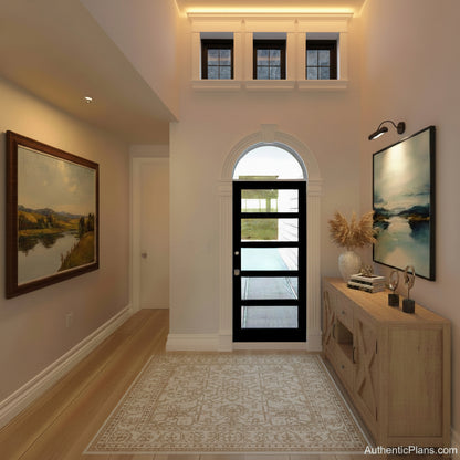 A modern black entryway door with multiple glass panes set within a tall white wall, featuring an arched window above and a light wood floor in a spacious room.