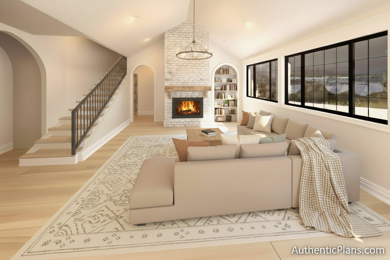 A modern open living space with light wood flooring, a white sectional sofa in the foreground, two gray sofas, a stone fireplace, a staircase on the left, and large black-framed windows looking out to water.