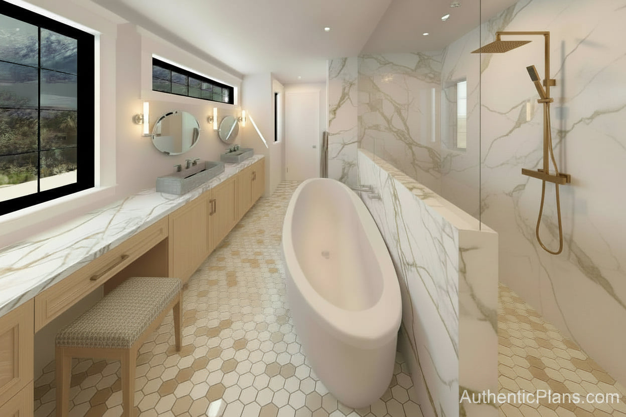 A modern bathroom interior featuring a white freestanding oval bathtub, a long vanity with two sinks and mirrors, light wood flooring, and a large window with a mountain view.