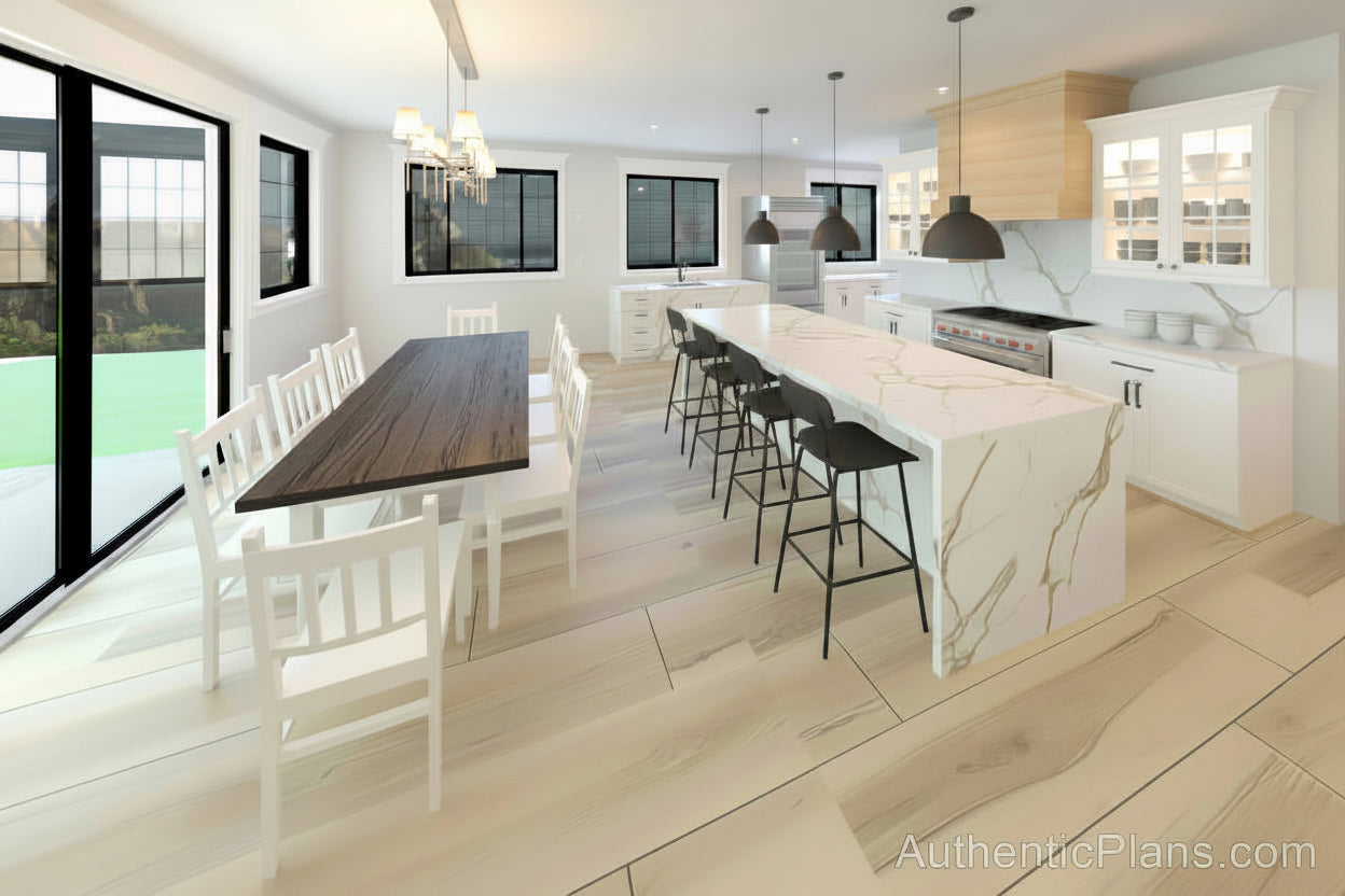 A bright, modern open-plan kitchen and dining area with light wood flooring, white cabinetry, a marble-topped island with three bar stools, and large black-framed sliding glass doors.