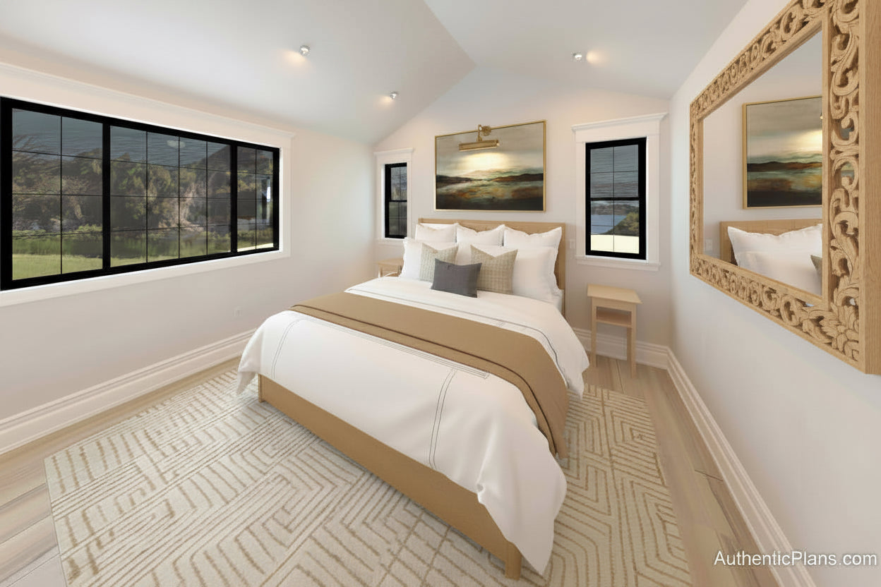 A minimalist bedroom featuring a light wood platform bed with a white mattress, a matching wooden headboard and nightstands, a beige area rug, and a ceiling fan. Large black-framed windows on the left offer a scenic view of a grassy hillside.